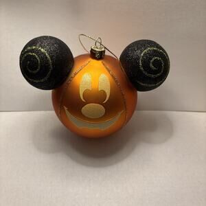 Preowned DisneyParks Happy Halloween Mickey Face glass Christmas ornament